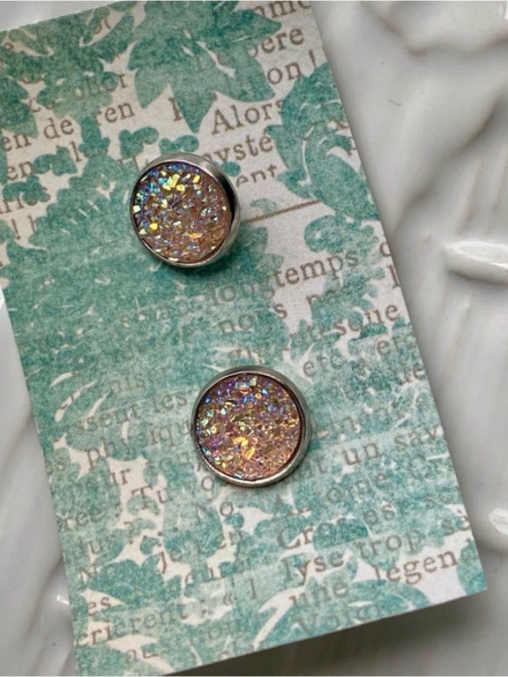 Sterling Silver Creme color Iridescent Druzy Stud Earrings